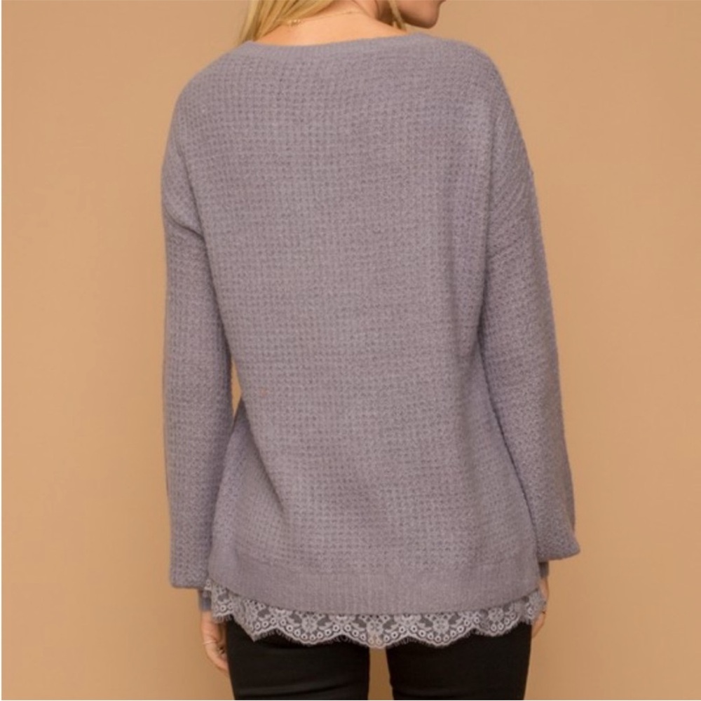 NWT Hem & Thread Waffle Knit Sweater Lace Trim Bottom Beautiful Lilac Color - Picture 3 of 16